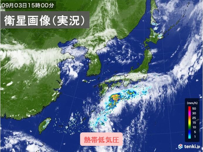 日本の南に広がる熱帯低気圧と湿った空気に伴う広範囲の雲域、東海地方への接近を示唆