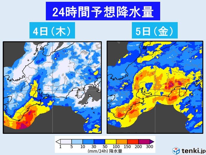 東海地方を含む24時間予想降水量マップ、100ミリ以上の大雨が予測される地域