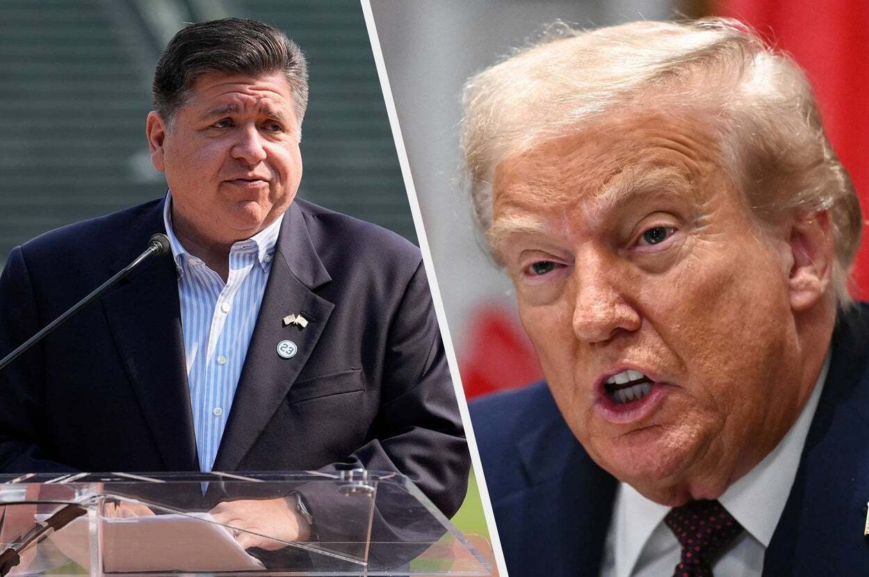 トランプ氏との対立で注目されるイリノイ州知事のJ・B・プリツカー氏（左）とドナルド・トランプ前大統領（右）