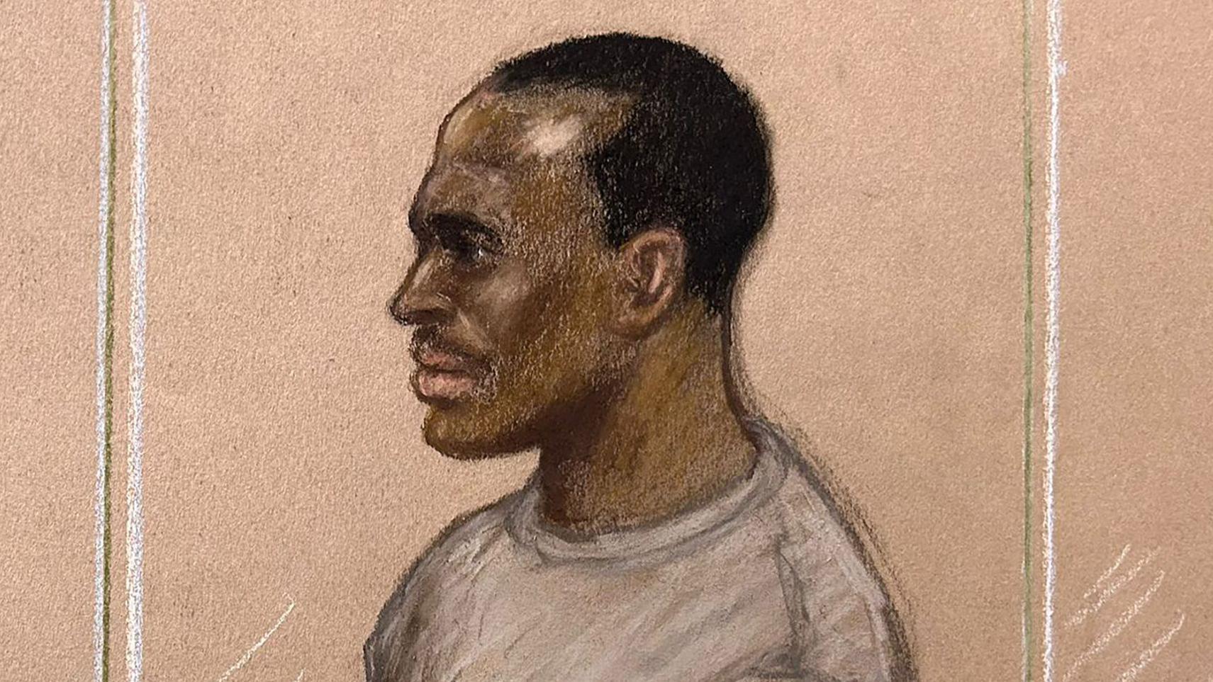 公判中の性的暴行被告ハドシュ・ケバトゥ氏の法廷スケッチ画、英国エセックスで。