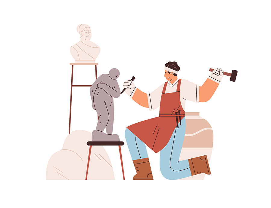 世界的な彫刻家と自称する人物による詐欺行為を描いたイラスト