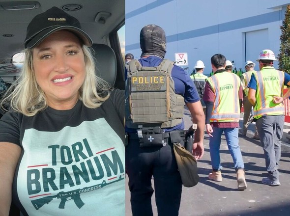 米ジョージア州の現代自動車・LGエナジー合弁工場でICEによる不法滞在者取り締まりが実施される様子（右）と、通報を明かした極右政治家トリ・ブラナム氏（左）。