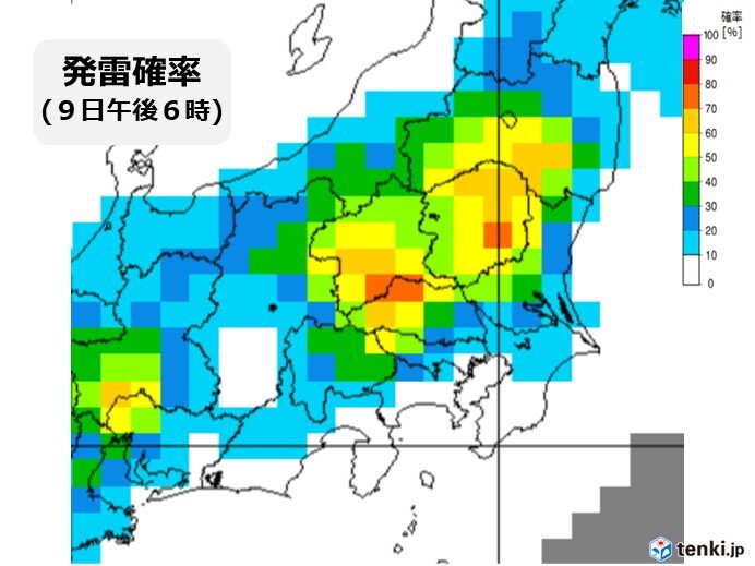 今日9日、関東地方の午後は大気不安定で局地的な雷雨に注意が必要です。
