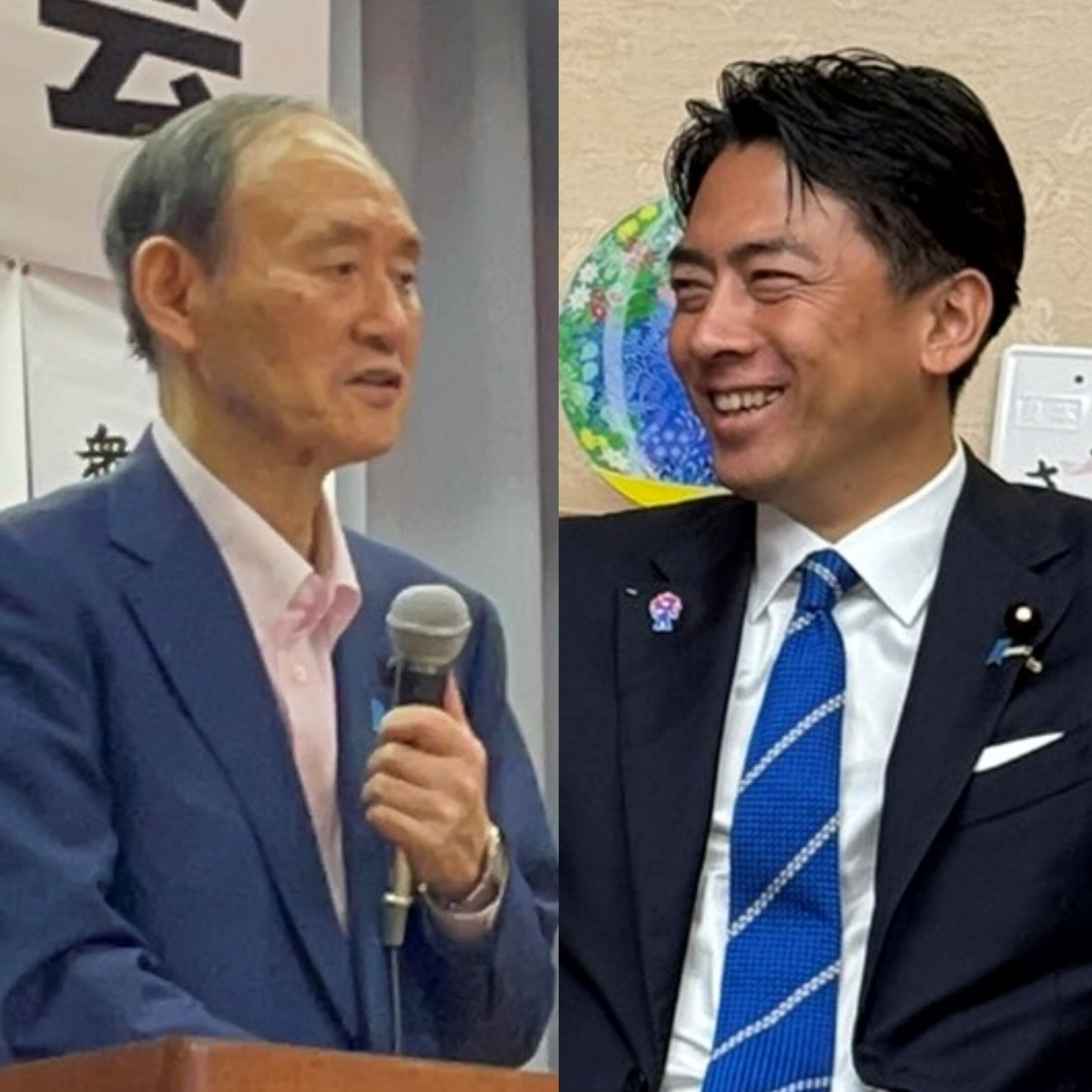 自民党総裁選のキングメーカー候補とされる菅義偉元首相と小泉進次郎氏が会話する様子。