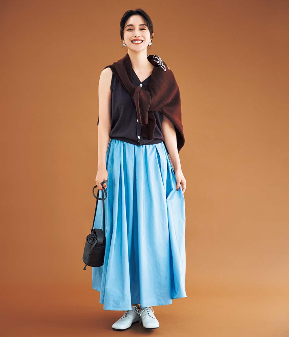 【蛯原友里さん着用】ドゥロワー　シルクコットン　ギャザースカート　ライトブルー 美品 ドゥロワー 蛯原友里さん着用 シルクコットン ギャザー