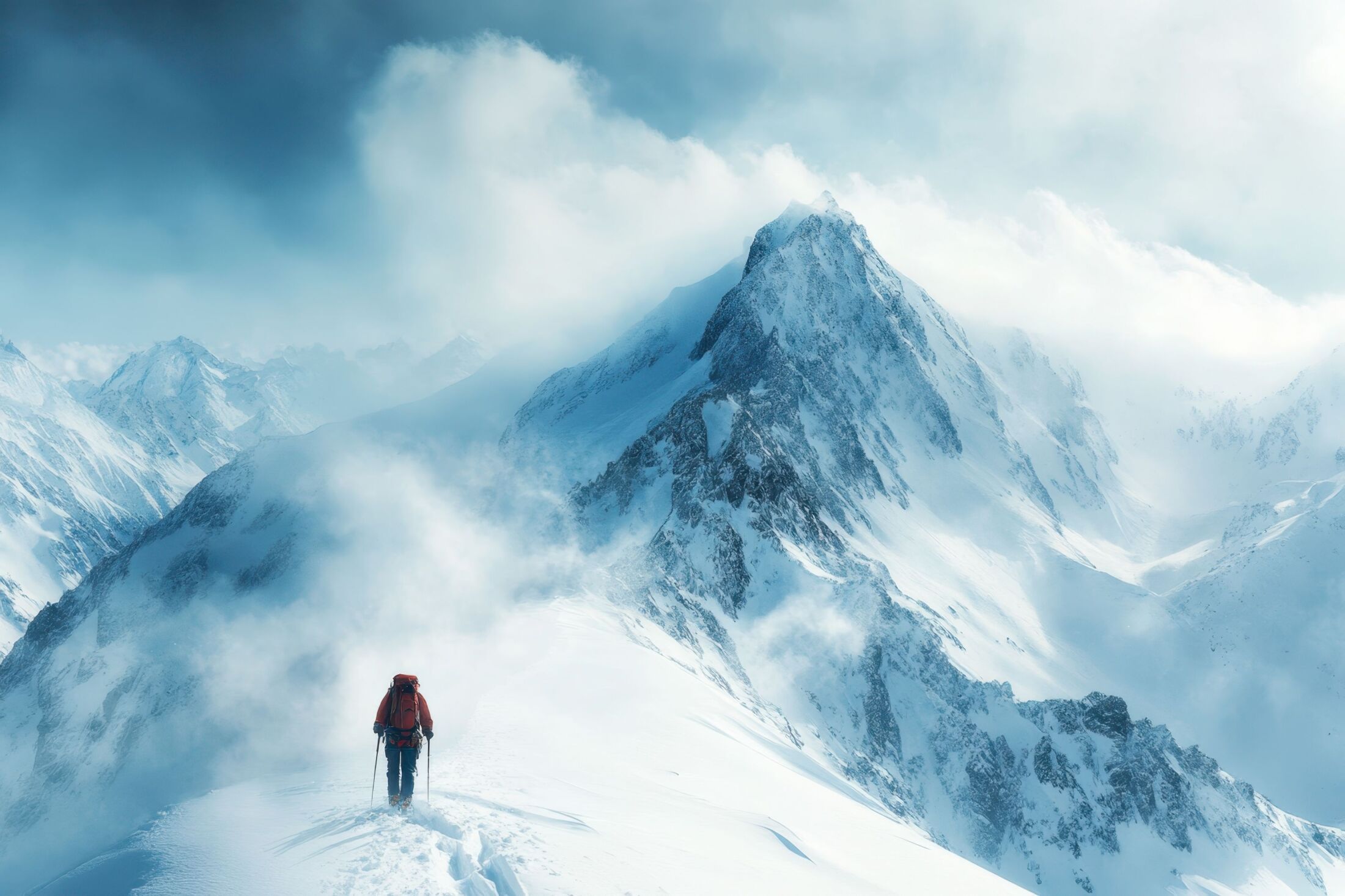 猛吹雪の北アルプス槍ヶ岳を思わせる冬山の風景