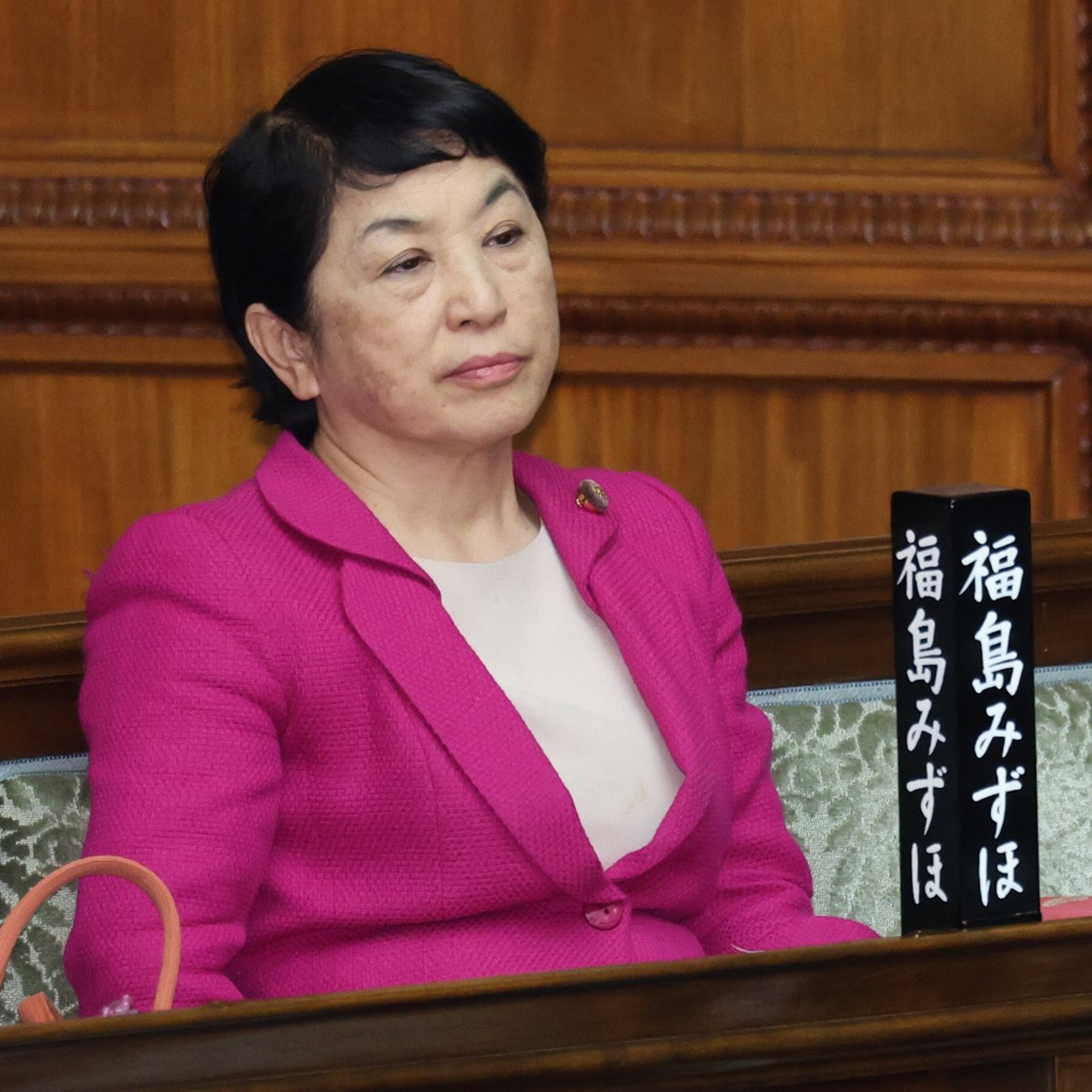 社民党の福島みずほ参院議員が、新垣邦男衆院議員の離党問題を巡る記者会見で発言する様子