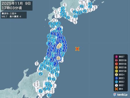 岩手県、宮城県で震度4の地震 津波発生のおそれ(tenki.jp)