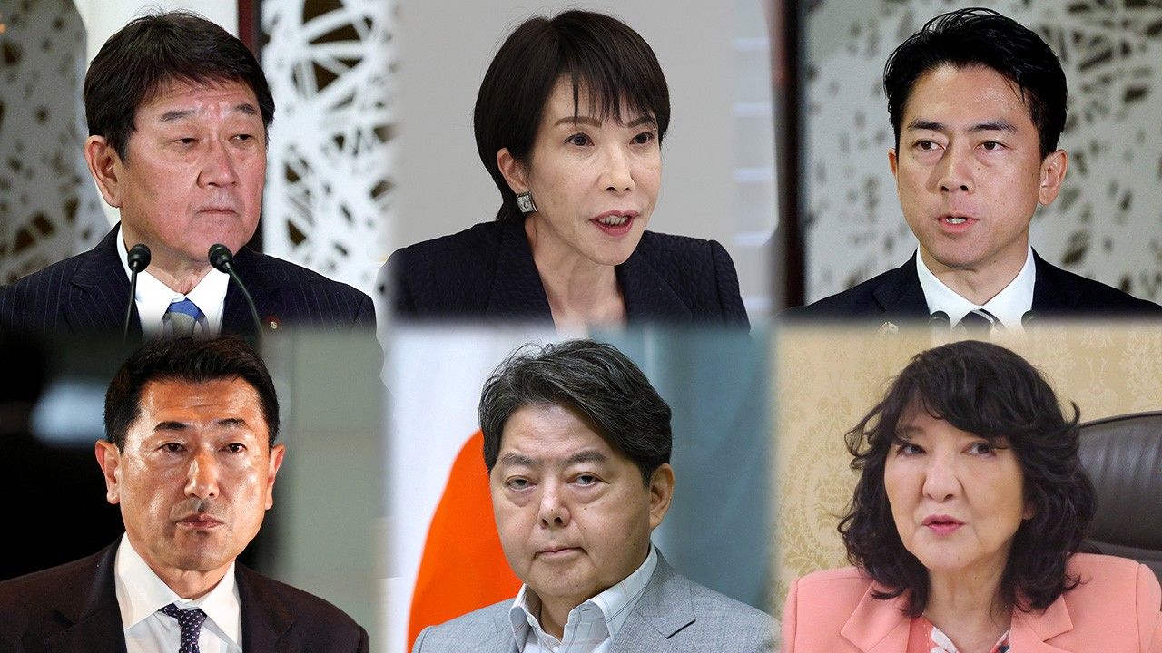 高市首相と主要閣僚たち（左上から時計回りに茂木外相、高市首相、小泉防衛相、片山財務相、林総務相、赤間国家公安委員長）