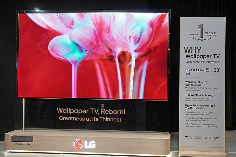 有機ELテレビ 高画質薄型デザイン LG、超薄型“壁紙”4K有機ELテレビ「OLED evo AI W6」。厚み10mm以下