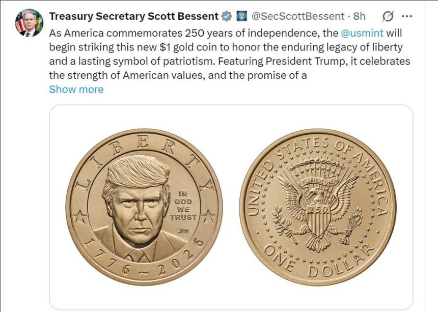 トランプ氏の顔を刻印した米建国250周年記念1ドル硬貨を発行へ（中央