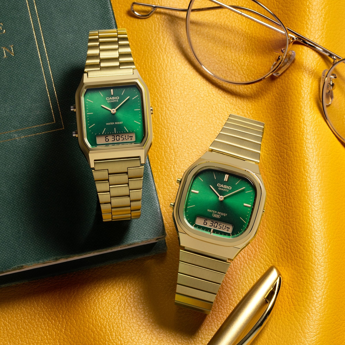 CASIO クラシック メンズ ゴールド グリーン　 腕時計【希少】 カシオ、レトロなアナデジ時計にゴールド×グリーン2機種（Impress