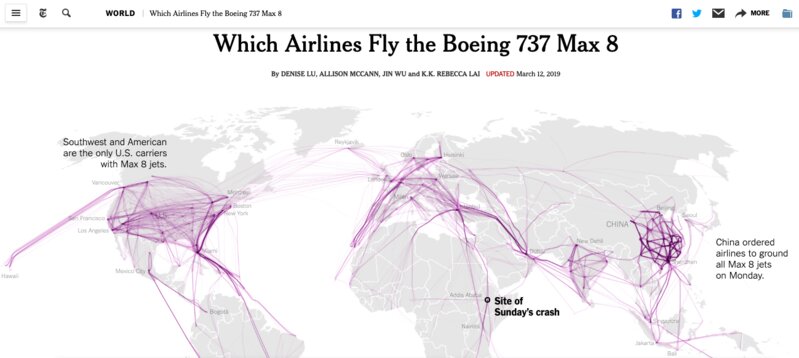 運航数は少ないが日本にも飛んでいる（いた？）ことがわかる。出典：New York Times