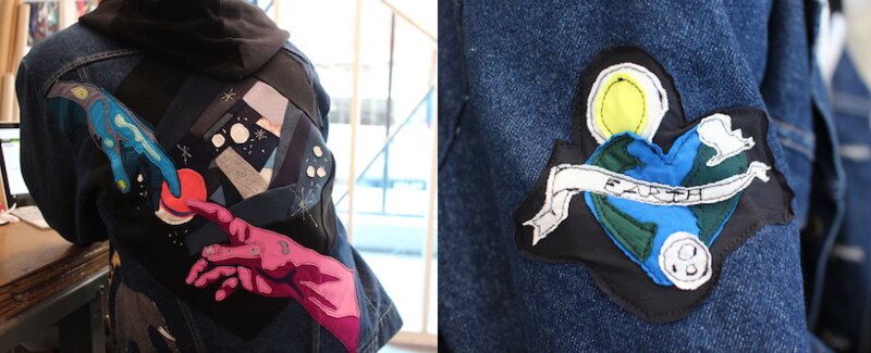 このデニムジャケットは、古着にスクラップ（不要になった生地や素材）をアレンジしたもの。どれも一点モノ。(c) Kasumi Abe
