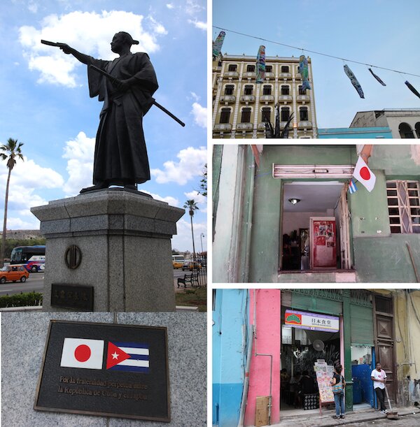 支倉常長の銅像、ビエハ通りに設置された鯉のぼり、10年前はなかった日本食レストランが2軒。(c) Kasumi Abe