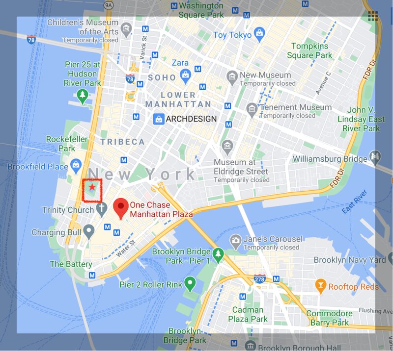 世界貿易センター（★印）と松村さんの職場があったビルの位置関係。右下がブルックリン。（出典：グーグルマップに筆者が加工）