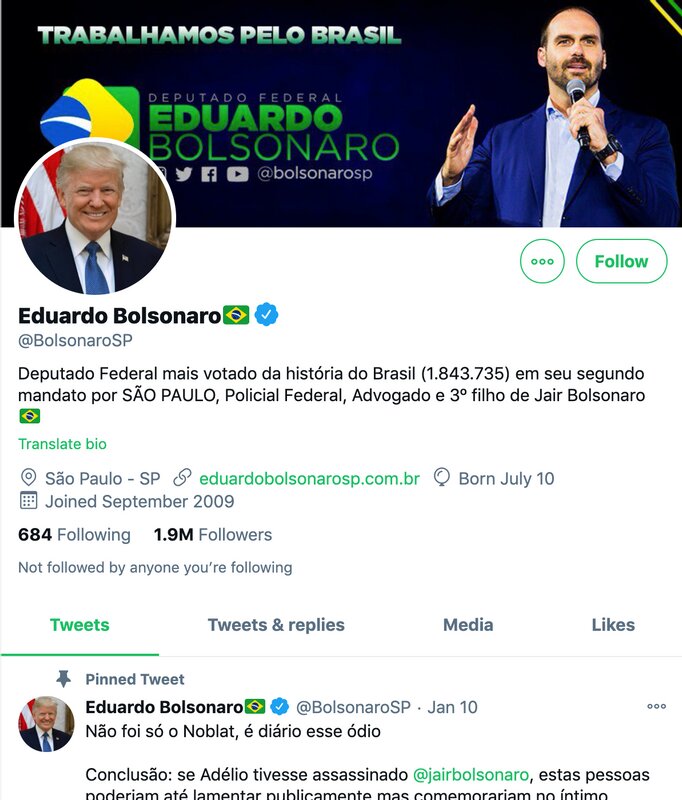 ブラジル、ボルソナロ大統領の子息、エドゥアルド氏のツイッター。
