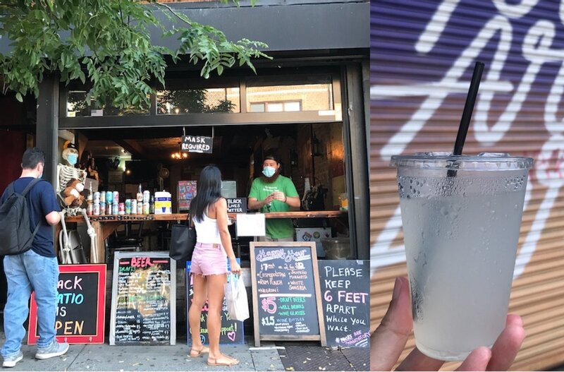 【2020年】入り口自体が持ち帰り用のバーカウンターになった店も（左）。隔離カクテルとも呼ばれコーヒーを買うようにカクテルの持ち帰りができたのはパンデミックの思い出。 (c) Kasumi Abe 