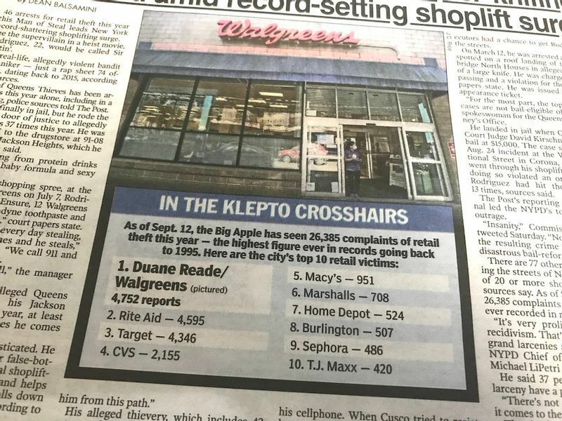 各店で報告されている盗難数。最多はドラッグストアのデュアンリード/ウォールグリーンズで4752件。デパートのメイシーズやコスメ専門店のセフォラなども標的に。（出典：ニューヨークポスト紙を筆者が撮影）