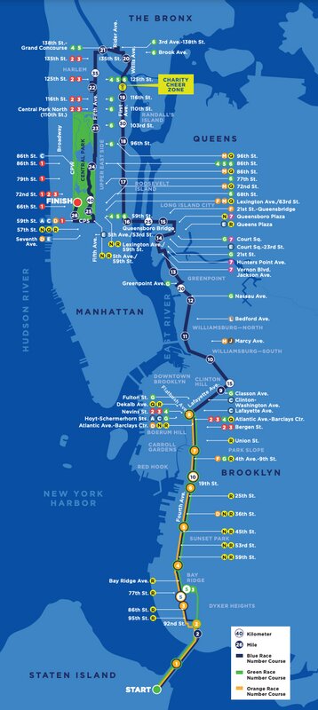 スタテンアイランド（地図下）をスタートし、ゴールはセントラルパーク。市内全5区を走るコース。（出典：nyrr.org  筆者がスクリーンショットを作成）