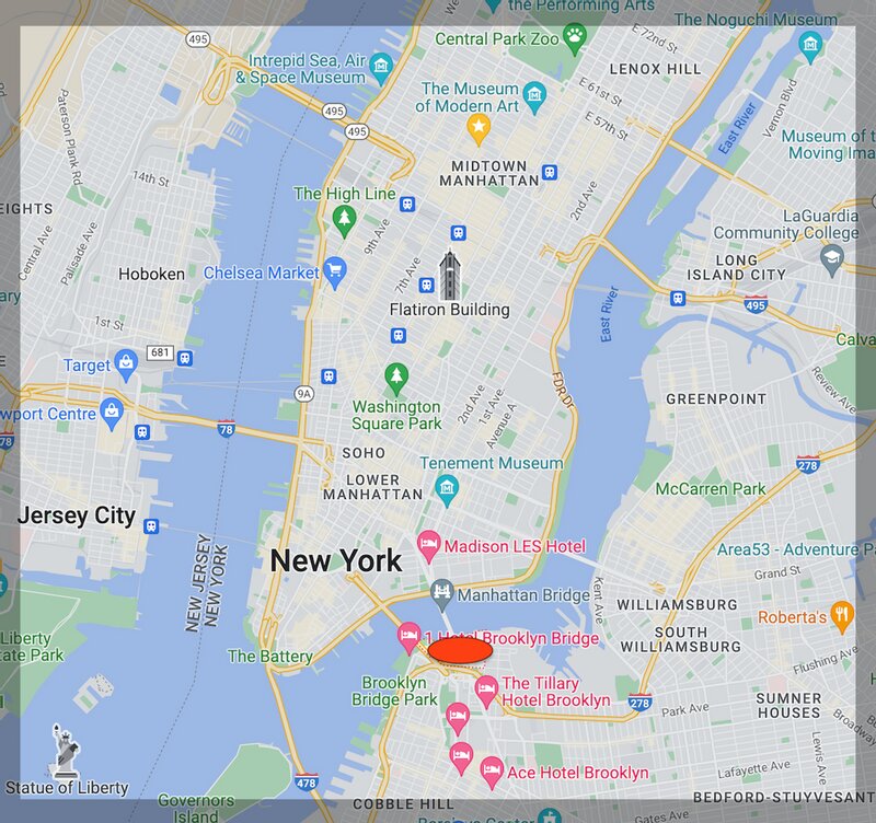 赤いエリアがブルックリン区ダンボ地区。（筆者がGoogleマップから作成）