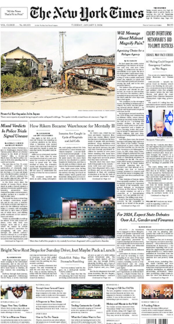 ニューヨークタイムズ2024年1月2日発行号の一面（スクリーンショットは筆者が作成。解像度を落としています）。