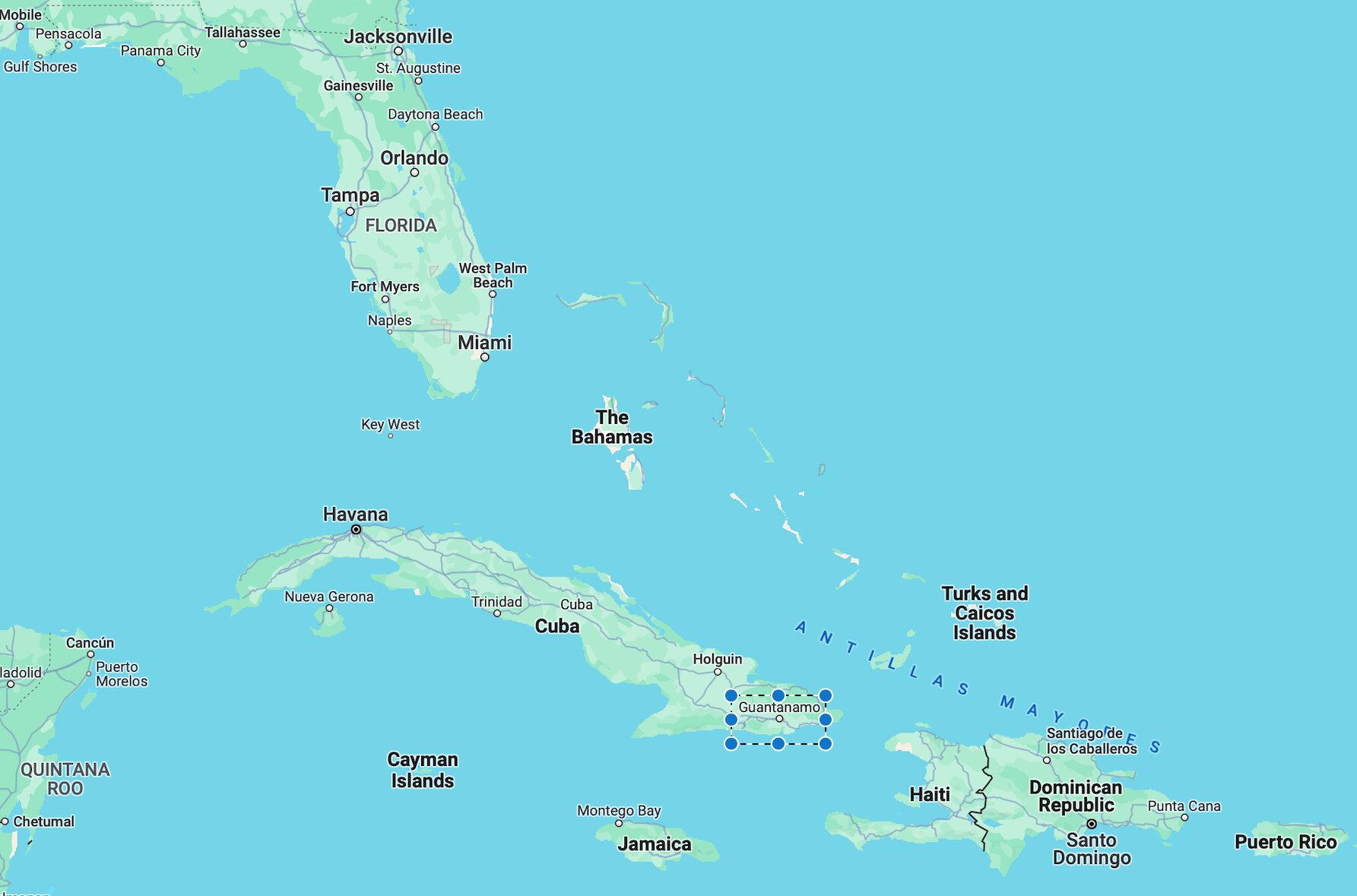 グアンタナモはキューバ南東部に位置。隣国ジャマイカから多くの労働者が出稼ぎにやって来る場所でもある。（地図の出典：グーグルマップに筆者が加工）