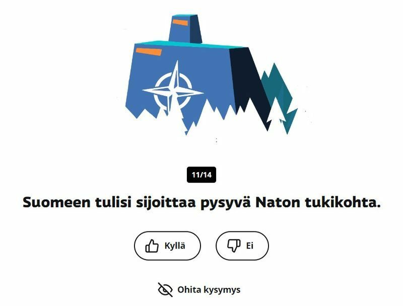 「フィンランドにNATO基地を常駐させるべきか」という問いに「イエス」「ノー」で答える。政党を選ぶ質問14門中11問目のスクリーンショット