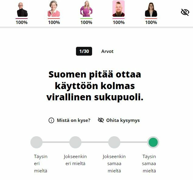 自分の考えに近い立候補者を探す1問目「フィンランドは公的な第三のジェンダーを導入したほうがいい」には「全く同意しない「ある程度同意しない」「ある程度同意する」「完全に同意する」から選ぶ　