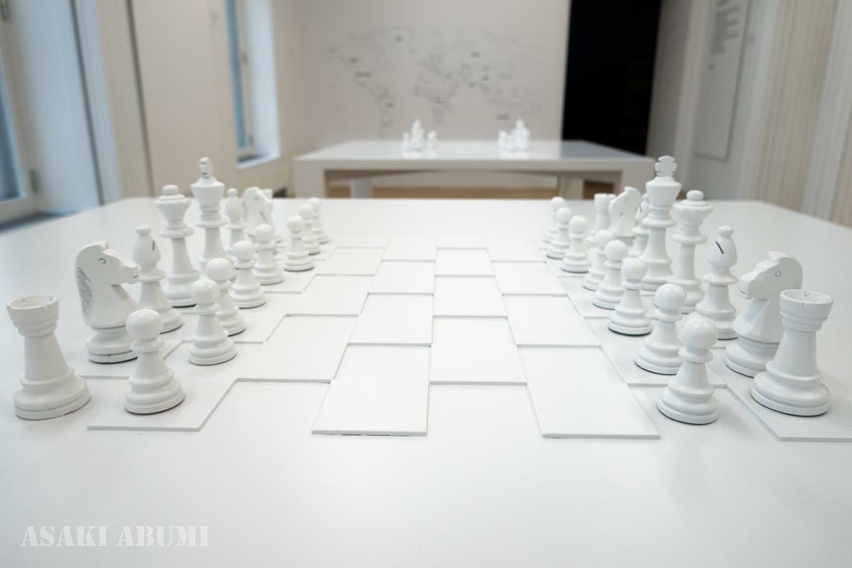 真っ白のテーブルとチェス台では、「黒白の駒」が同じ色になっており、自分と対戦相手の見分けがつかなくなっている　筆者撮影