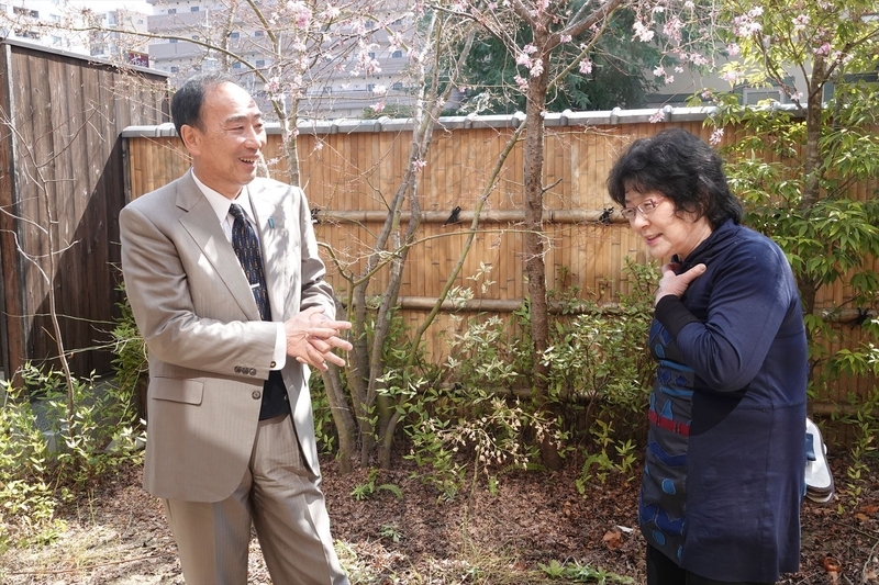桜の花のほころぶ園庭で談笑する籠池夫妻。いつまでも別れを惜しんでいた(2019年3月5日、筆者撮影)