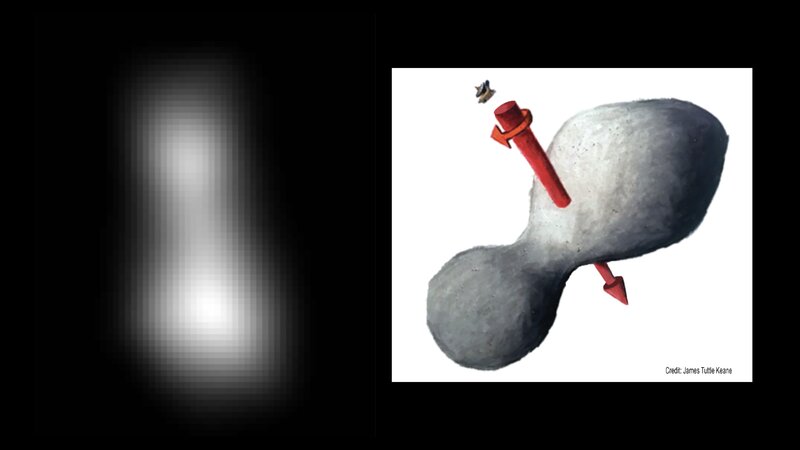 ニューホライズンズ撮影のウルティマ・トゥーレ画像（左）と、形状イメージ図。Credit: NASA/JHUAPL/SwRI; sketch courtesy of James Tuttle Keane