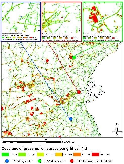衛星画像を使って都市部の草本花粉症の原因植物の分布を調べた研究。赤は原因となる草が多いエリア。出典：『Identifying urban sources as cause of elevated grass pollen concentrations using GIS and remote sensing』より