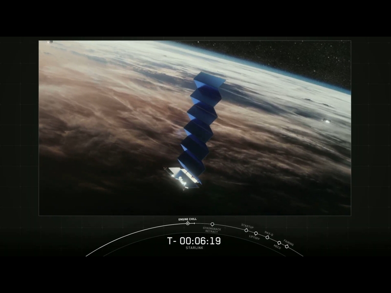 スターリンク衛星による太陽電池パドルの展開イメージ 出典：SpaceX Starlink Mission webcastより