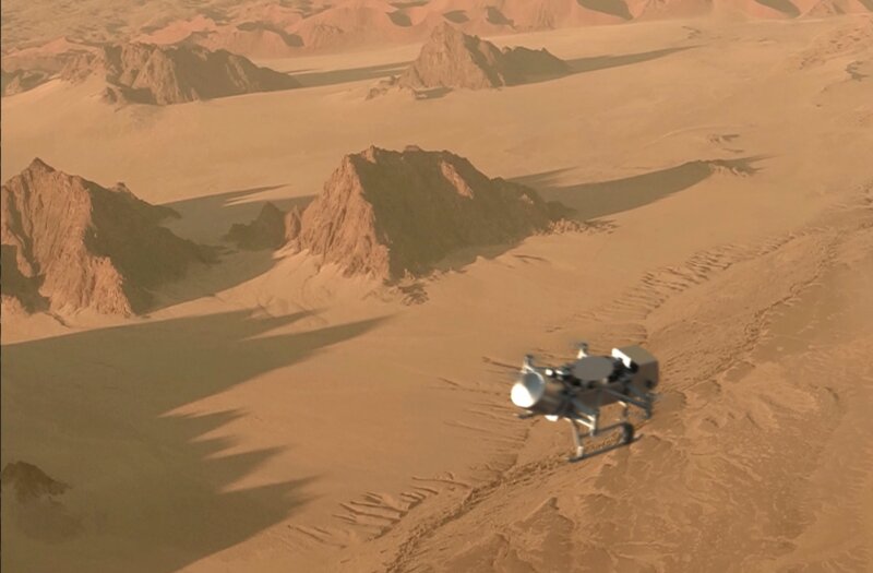 タイタンの地表を探査するドラゴンフライ探査機。Credit: JOHNS HOPKINS APL