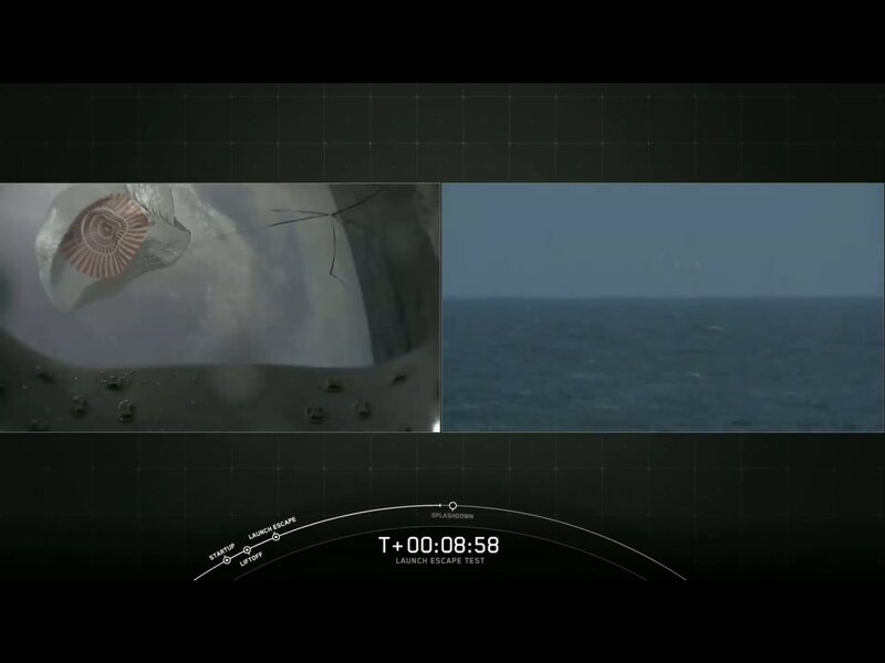 打ち上げからおよそ9分で無事に着水した。出典：SpaceX Web中継より