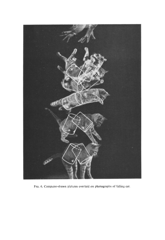 1969年にT・R・ケーン、M・P・シャーが発表した落下する猫の解析画像。『A dynamical explanation of the falling cat phenomenon』より。