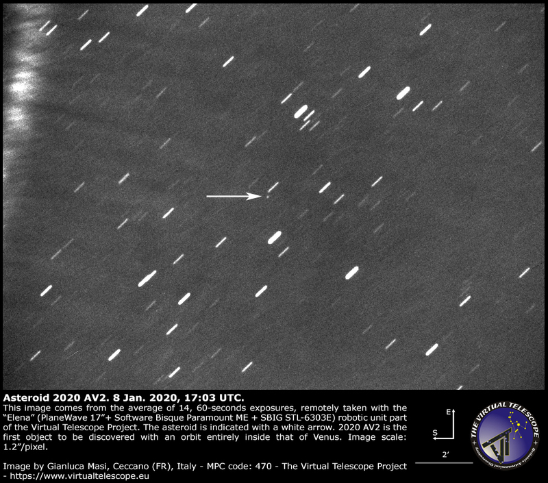 2020年1月8日に観測された小惑星2020 AV2の画像。Credit : Gianluca Masi, Ceccano(FR) Virtual Telescope Project