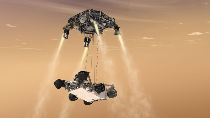 火星への降下、着陸は2012年に火星着陸に成功したキュリオシティと同様の方法を取る。平坦な着陸地点を自律的に探す機能が新たに加えられた。Credits: NASA/JPL-Caltech