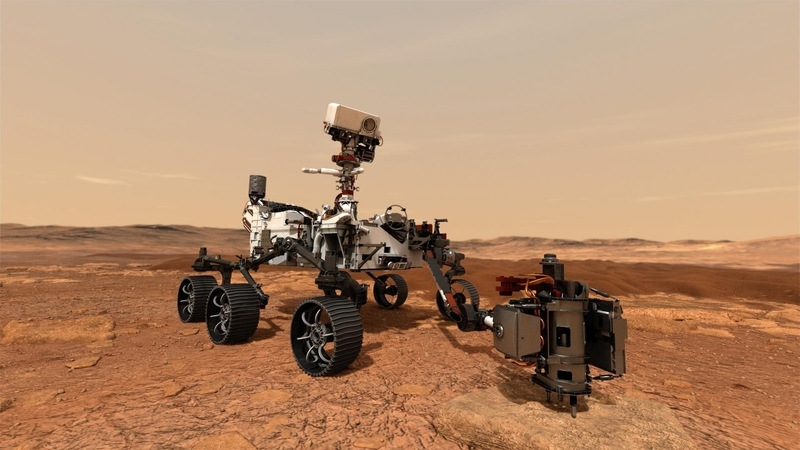 火星の地表を掘ってサンプルを採取するパーサヴィアランス。Credits: NASA/JPL-Caltech