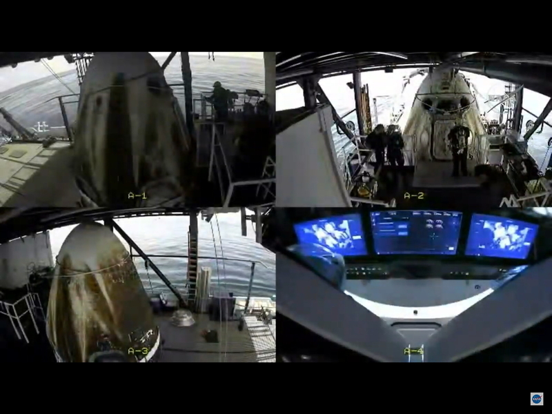 回収と宇宙船ハッチオープンのプロセスはすべて中継された。出典：NASA TV中継