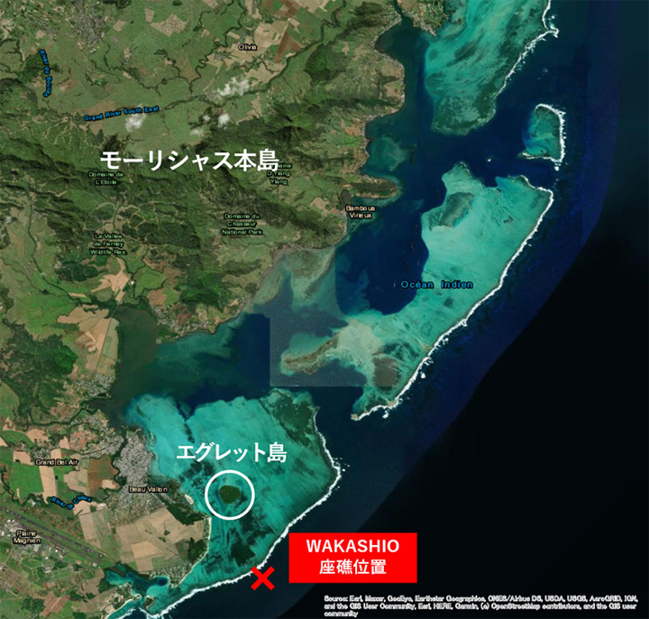 モーリシャスと座礁船の位置説明 クレジット：JAXA