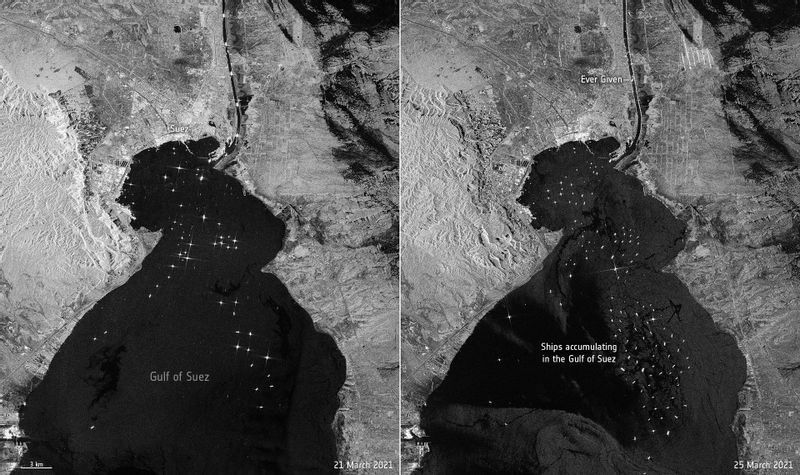 事故前の3月21日（左）と事故後の3月25日（右）のスエズ湾。(C)ESA, Contains modified Copernicus Sentinel data (2021)