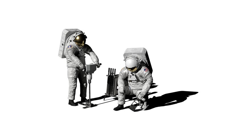 xEMUを着用して月面サンプルを集める宇宙飛行士のコンセプト図。ひざを地面につける姿勢を取るなど、柔軟性が向上している。Credit: NASA