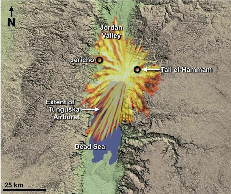 ツングースカ爆発の爆風の範囲をヨルダン渓谷に重ね合わせた図。出典：Scientific Reports volume 11, Article number: 18632 (2021)