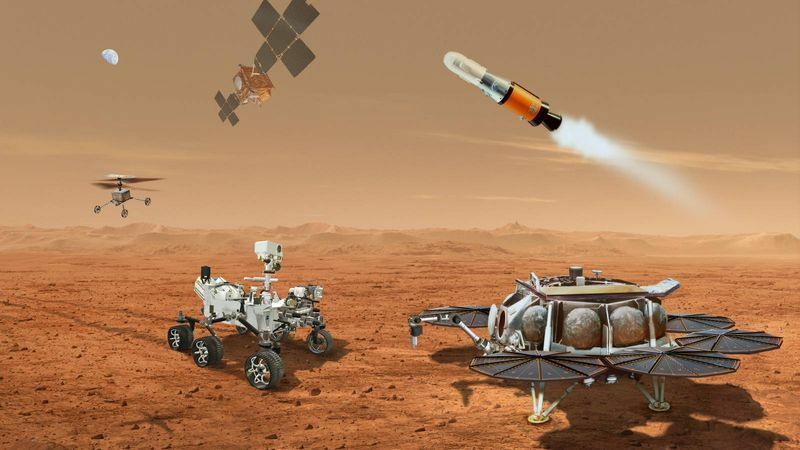 火星からのサンプルに関係するローバーと着陸機、火星離脱ロケット、地球帰還機。Credits: NASA/JPL-Caltech