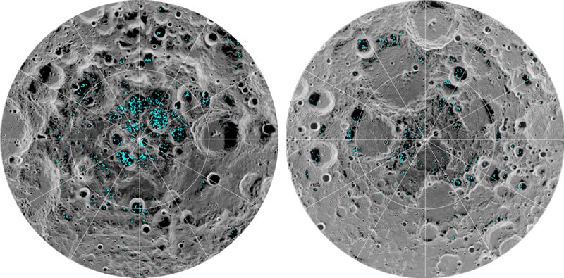 月南極で氷が存在するクレーター（左）と北極域のクレーター（右）。Credits: NASA