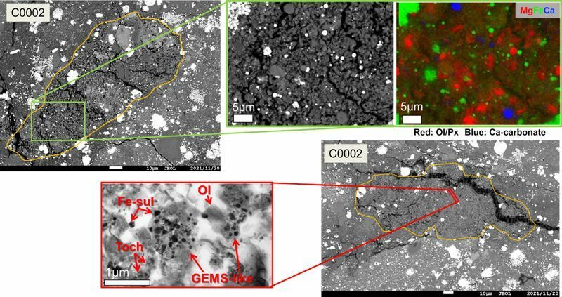 C0002 サンプル中に発見された天体形成時の始原的な特徴を残した岩片（電子顕微鏡写真）。1ミクロン以下の非晶質ケイ酸塩や硫化鉄で形成される微粒子、カンラン石などが見つかった。(C)東北大学