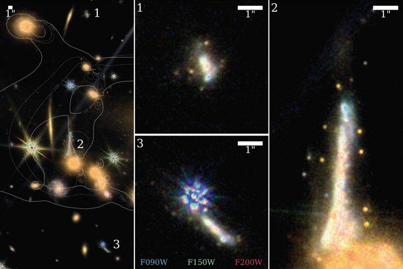 スパークラー銀河を囲むスパークル天体。12個のうち5個が最古の球状星団とされる。Credit: Mowla, Iyer et al. 2022