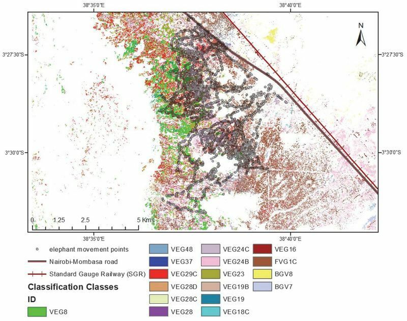 ゾウの行動追跡データと衛星画像による植生マップを重ねた地図。出典：https://doi.org/10.3390/rs14215386